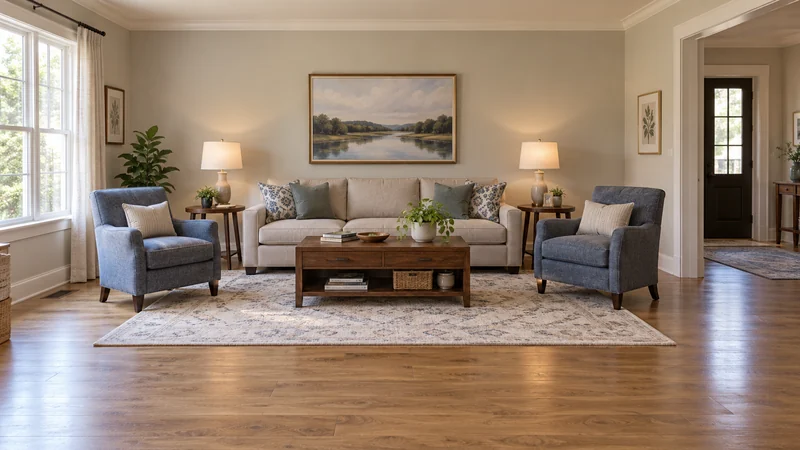 Two upholstered chairs and a sofa in a completed living-room arrangement Two upholstered chairs and a sofa in a completed living-room arrangement