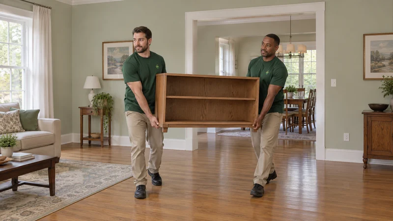 Two movers carrying an empty bookcase along a Browns Mills interior route Two movers carrying an empty bookcase along a Browns Mills interior route