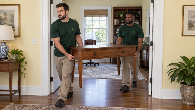 Two movers carrying a prepared desk out of a house study for a listing layout