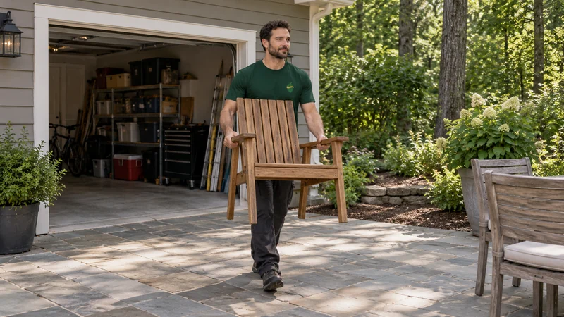 A mover carrying a stored outdoor chair toward a house patio A mover carrying a stored outdoor chair toward a house patio
