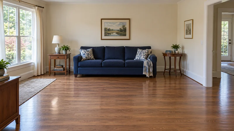 A sofa and small tables held in a family-room area during phased repairs A sofa and small tables held in a family-room area during phased repairs