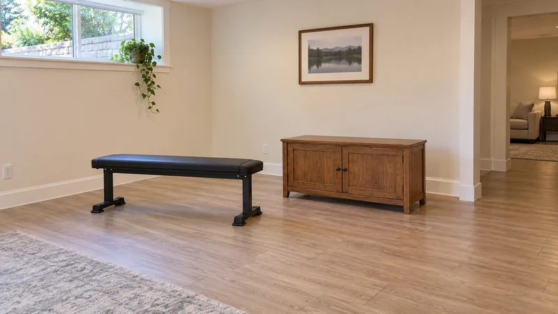 An exercise bench and cabinet placed after an on-site garage delivery An exercise bench and cabinet placed after an on-site garage delivery