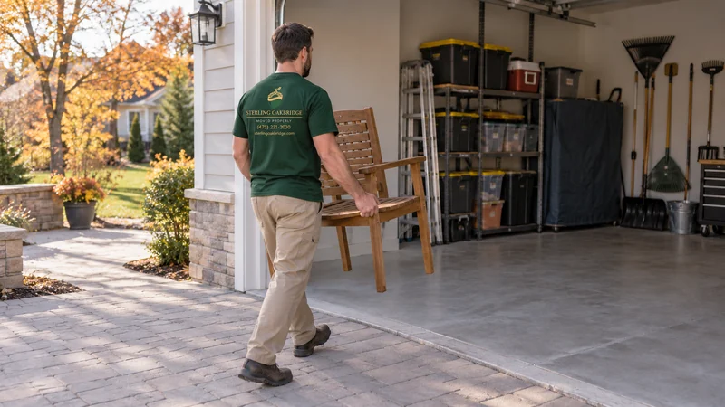 A mover carrying a patio chair into garage storage for the colder season A mover carrying a patio chair into garage storage for the colder season