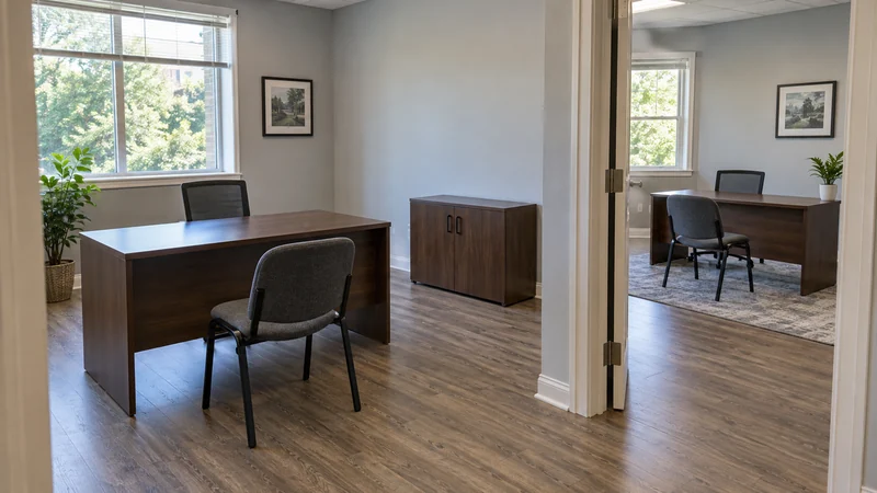 Two office workstations placed in an adjoining suite with a clear entry Two office workstations placed in an adjoining suite with a clear entry