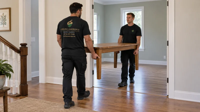 Two movers carrying a small worktable into an Egg Harbor City NJ craft room