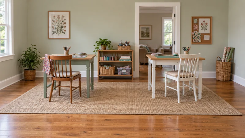 Two worktables and a low shelf placed in an Egg Harbor City NJ craft room