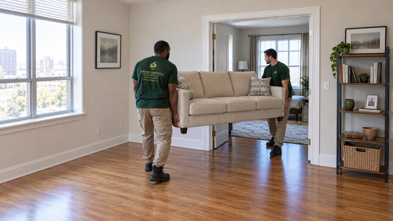Two movers carrying a compact sofa through a wide interior doorway Two movers carrying a compact sofa through a wide interior doorway