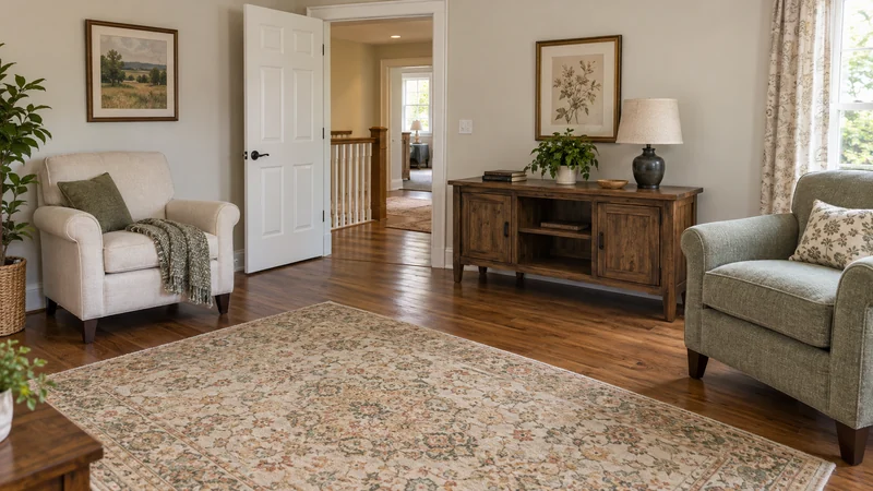 Two armchairs and a low console held in a dry spare room with an open route Two armchairs and a low console held in a dry spare room with an open route