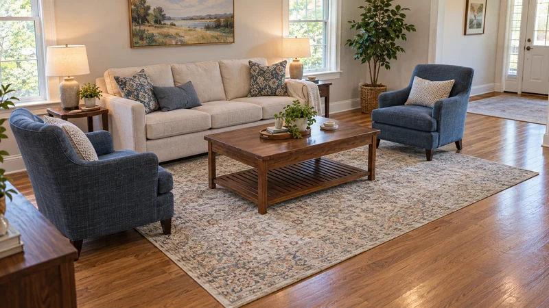 A living room with a replacement area rug and an approved seating arrangement A living room with a replacement area rug and an approved seating arrangement