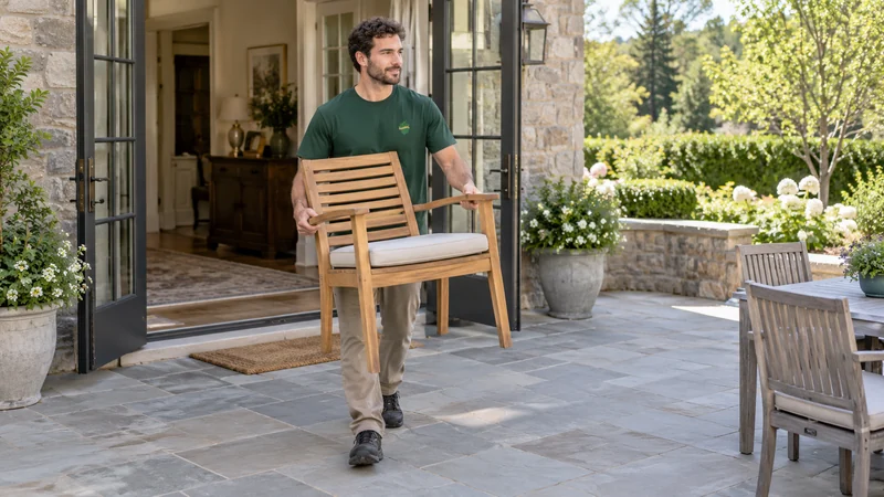 A mover carrying a patio chair out to a receiving terrace on the same property A mover carrying a patio chair out to a receiving terrace on the same property
