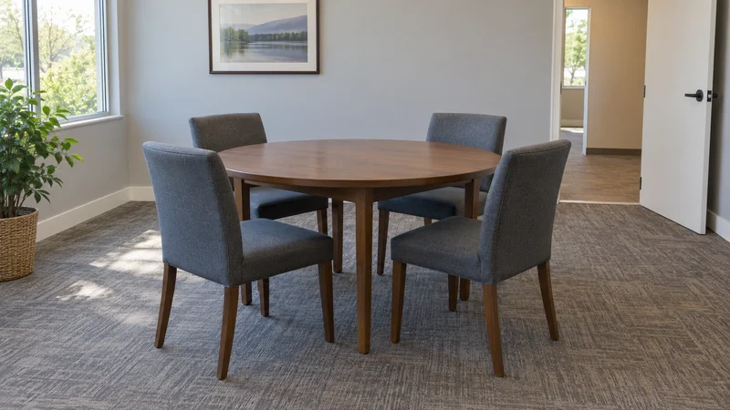 A meeting table and chairs in a completed internal office room arrangement A meeting table and chairs in a completed internal office room arrangement