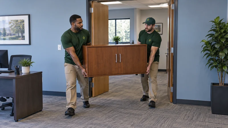 Two movers carrying a compact cabinet across an office floor in Hauppauge Two movers carrying a compact cabinet across an office floor in Hauppauge