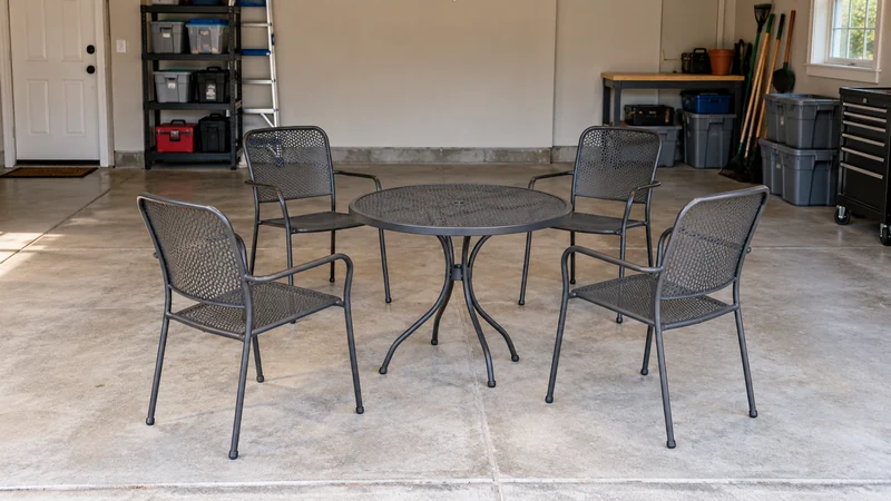 Patio chairs and a small outdoor table held in an authorized garage area Patio chairs and a small outdoor table held in an authorized garage area