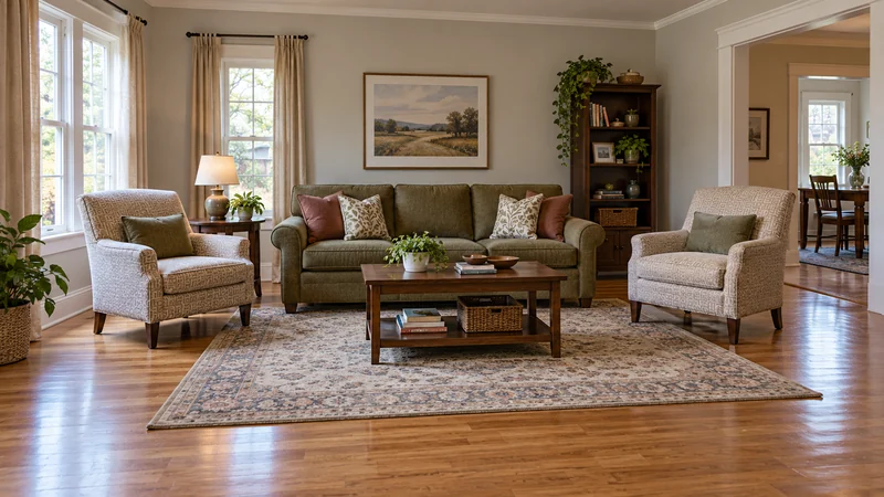A sofa and two chairs returned to a completed split-level living area A sofa and two chairs returned to a completed split-level living area