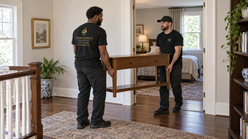 Two movers carrying a small wooden console through a Milford PA home