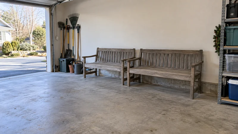 Two outdoor benches held in a Milford PA garage with its entrance clear