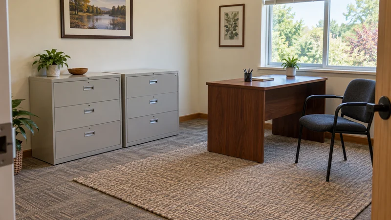 Two low filing cabinets and a small desk in their Milford PA office positions