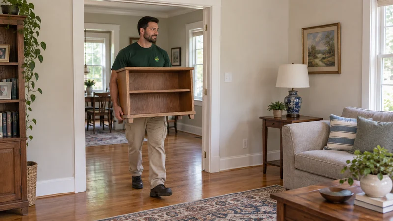 A mover carrying an empty low bookcase into a receiving room A mover carrying an empty low bookcase into a receiving room