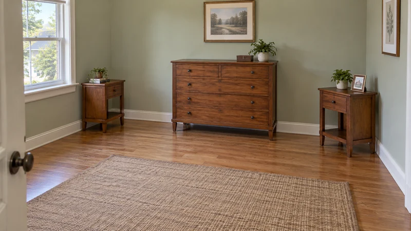 A dresser and two bedside tables held in a spare room for bedroom painting A dresser and two bedside tables held in a spare room for bedroom painting