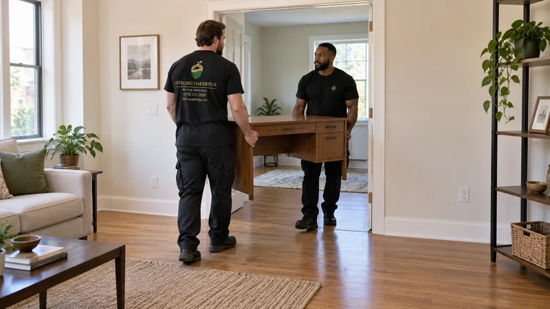 Two movers carrying a compact desk between New Haven CT apartment rooms