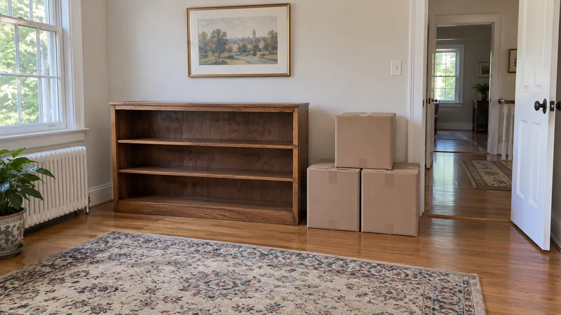 A bookcase and packed books in a New Haven CT spare holding room