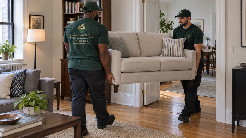 Two movers carrying a small upholstered settee between apartment rooms Two movers carrying a small upholstered settee between apartment rooms
