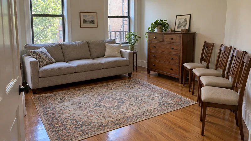 Household furniture temporarily arranged in a spare room with a clear doorway Household furniture temporarily arranged in a spare room with a clear doorway