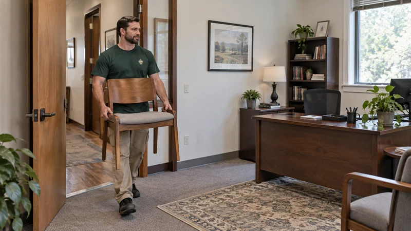 A mover carrying a lightweight visitor chair into its receiving office A mover carrying an office chair into its receiving room
