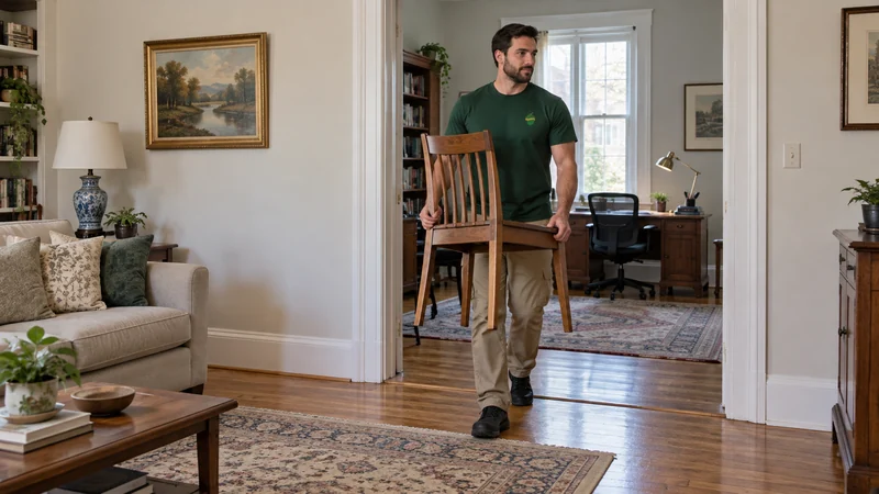 A mover carrying a lightweight wooden chair into a newly arranged room A mover carrying a lightweight wooden chair into a newly arranged room