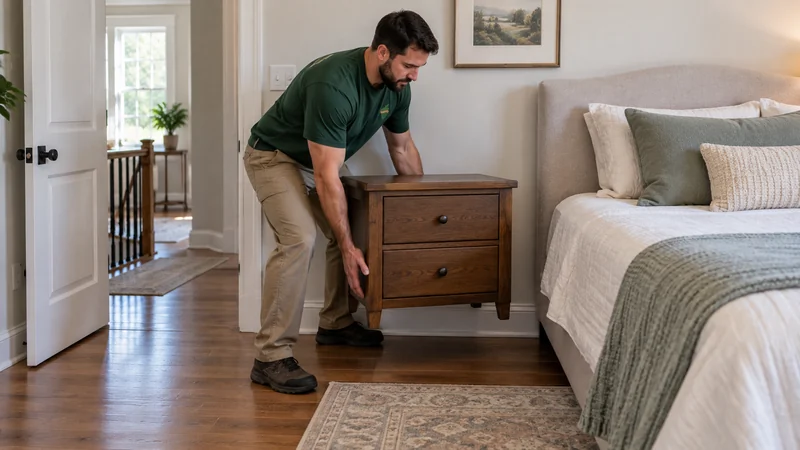 A mover placing a small dresser after a short carry from an on-site receiving area A mover placing a small dresser after a short carry from an on-site receiving area