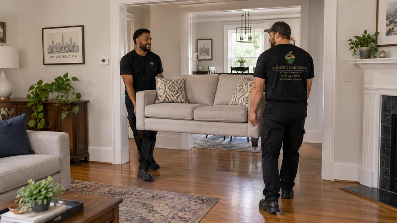 Two movers carrying a compact loveseat between Philadelphia PA home rooms Two movers carrying a compact loveseat between Philadelphia PA home rooms