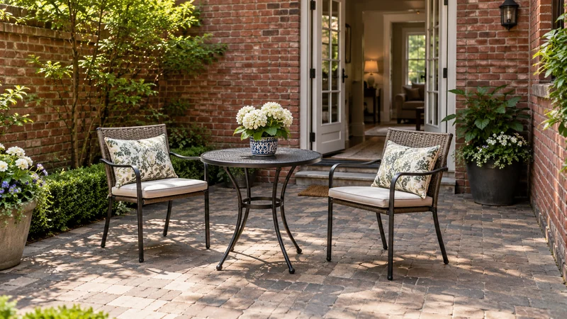 Two chairs and a small table placed in a Philadelphia PA courtyard Two chairs and a small table placed in a Philadelphia PA courtyard