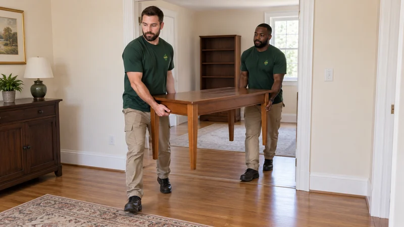 Two movers carrying an empty reading table between rooms in a Princeton house Two movers carrying an empty reading table between rooms in a Princeton house