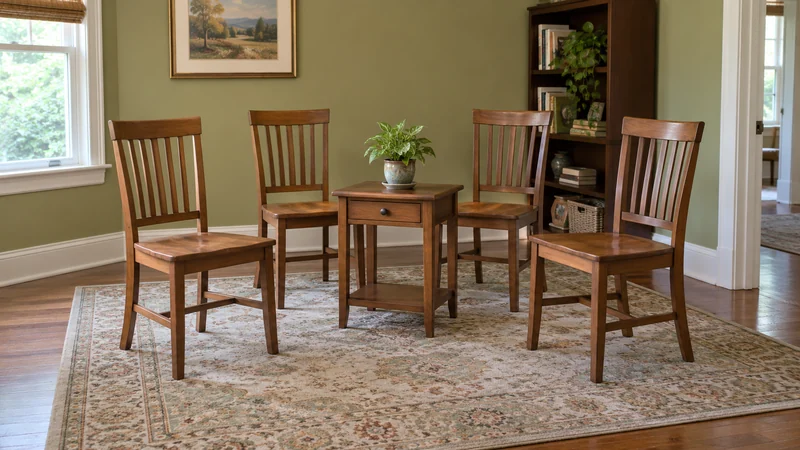 Dining chairs and a side table held in a room during a phased kitchen project Dining chairs and a side table held in a room during a phased kitchen project