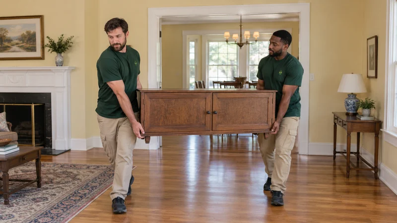 Two movers carrying a low cabinet between house rooms in Ringoes Two movers carrying a low cabinet between house rooms in Ringoes
