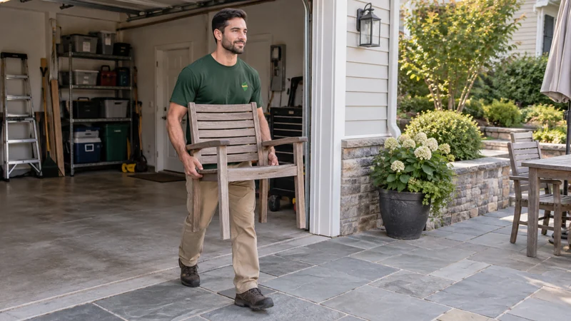 A mover carrying a patio chair from a garage toward an outdoor seating area A mover carrying a patio chair from a garage toward an outdoor seating area