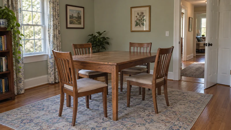 A dining table and chairs held in a spare room during a staged room renovation A dining table and chairs held in a spare room during a staged room renovation