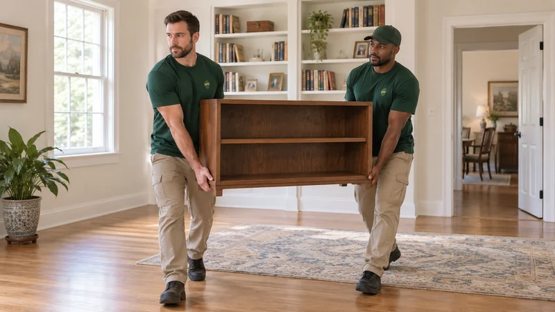 Two movers carrying an empty low bookcase through a clear house room Two movers carrying an empty low bookcase through a clear house room