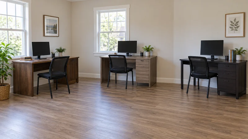 Three desks and chairs placed for an internal office floor transfer Three desks and chairs placed for an internal office floor transfer