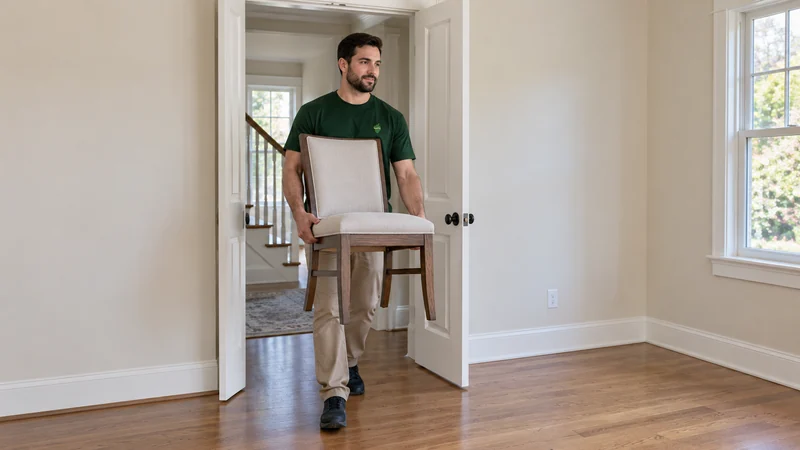 A mover carrying a dining chair away from a room being prepared for listing photographs A mover carrying a dining chair away from a room being prepared for listing photographs