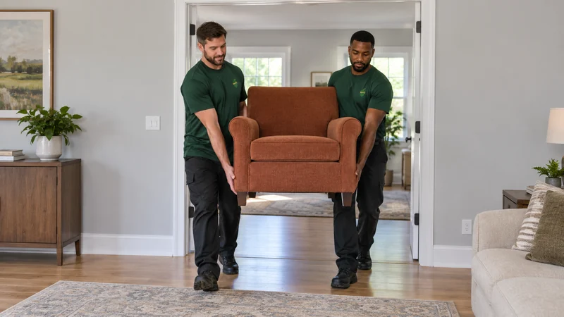 Two movers carrying a reading chair into an approved room during flooring work Two movers carrying a reading chair into an approved room during flooring work