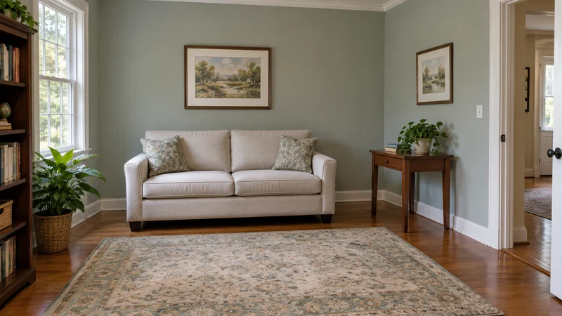 A compact sofa and occasional table held clear of the room entrance during flooring work A compact sofa and occasional table held clear of the room entrance during flooring work