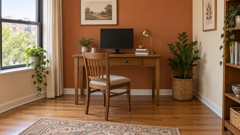 A desk and chair placed in the receiving apartment’s work corner A desk and chair placed in the receiving apartment’s work corner