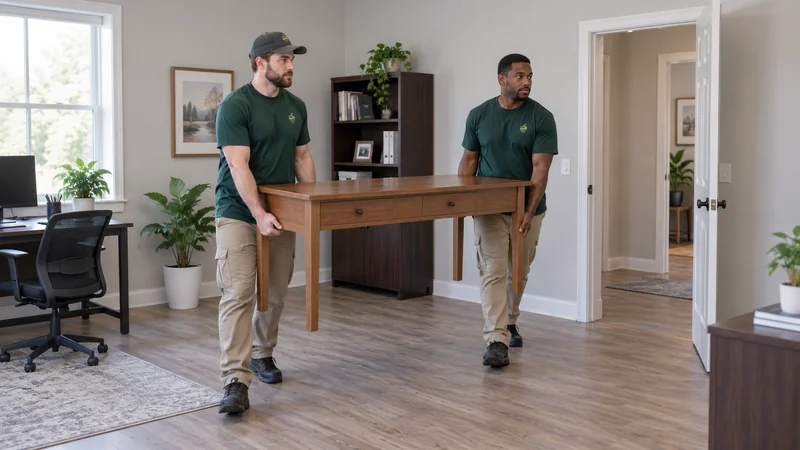 Two movers carrying a prepared desk inside a Stockton office building Two movers carrying a prepared desk inside a Stockton office building