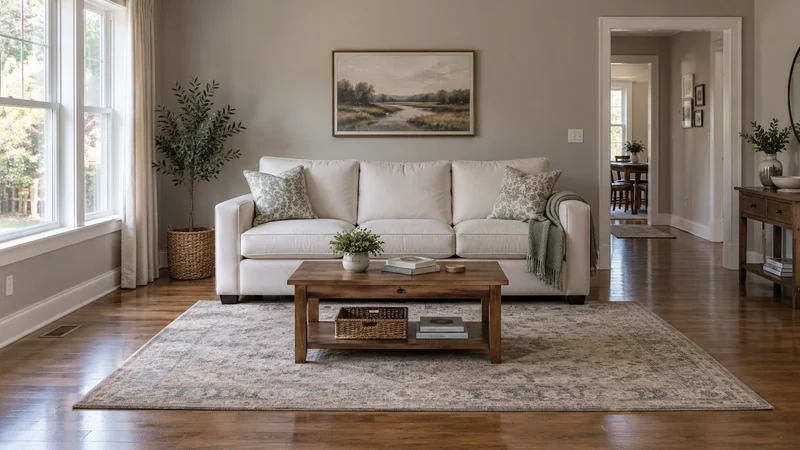 A retained sofa placed for a simpler living-room listing arrangement A retained sofa placed for a simpler living-room listing arrangement