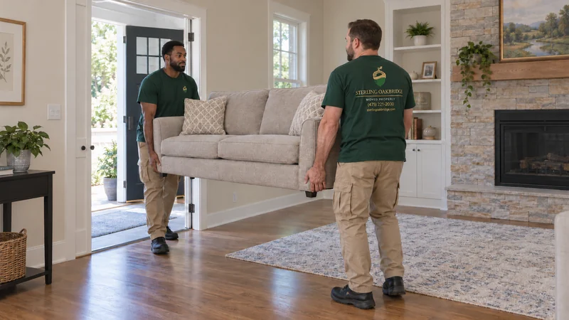 Two movers carrying a compact sofa through a clear house doorway Two movers carrying a compact sofa through a clear house doorway