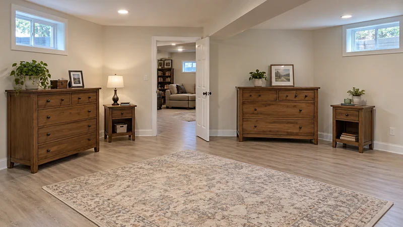 Dressers and bedside tables held in a clear finished-basement area during flooring work Dressers and bedside tables held in a clear finished-basement area during flooring work