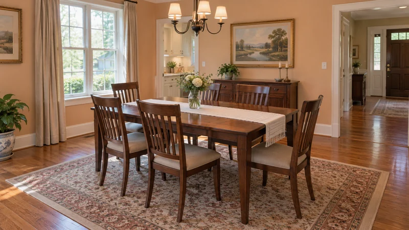 A dining table and chairs arranged for a home celebration with a clear entry A dining table and chairs arranged for a home celebration with a clear entry