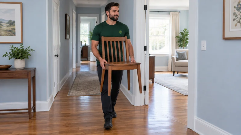 A mover carrying a small chair toward an authorized on-site holding room