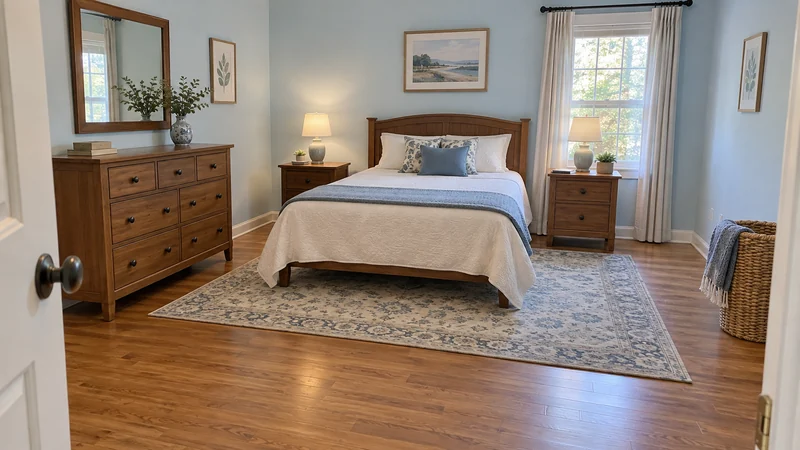 A dresser and bedside tables placed in a ready bedroom after garage delivery